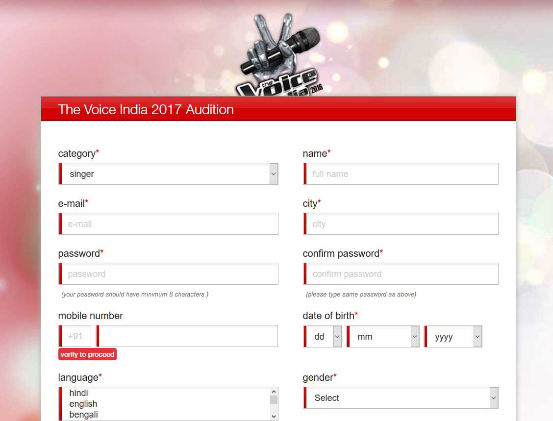 The Voice India 2017 Audition-form