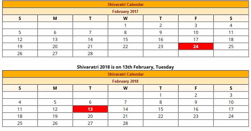 shivaratri_calendar 2017, 2018